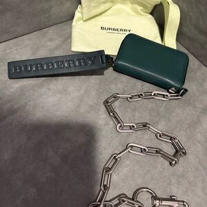 Burberry green leather chain wallet/card holder made in Italy.